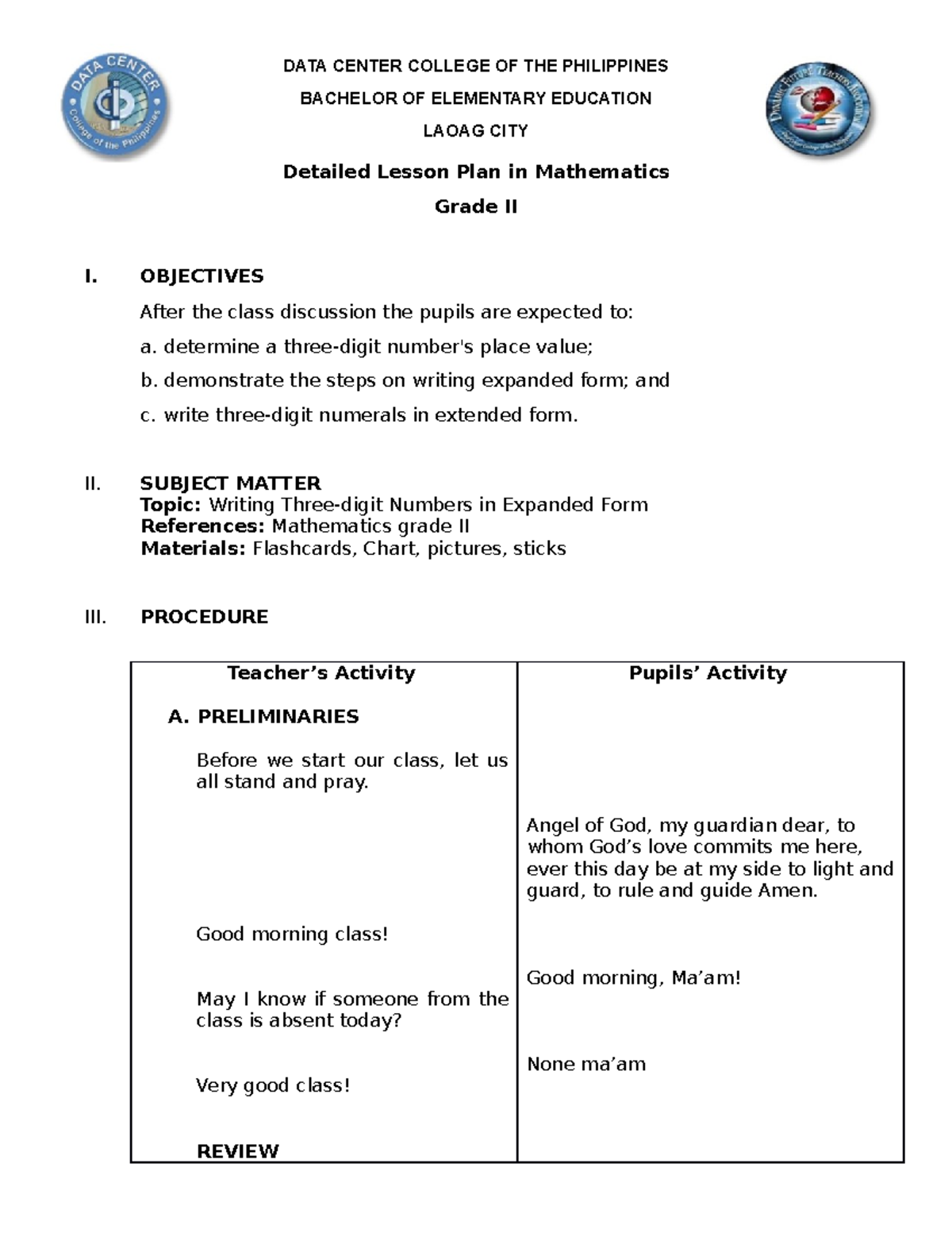 Detailed Lesson Plan in Mathematics (Grade II) on 3-Digit Numbers - Studocu