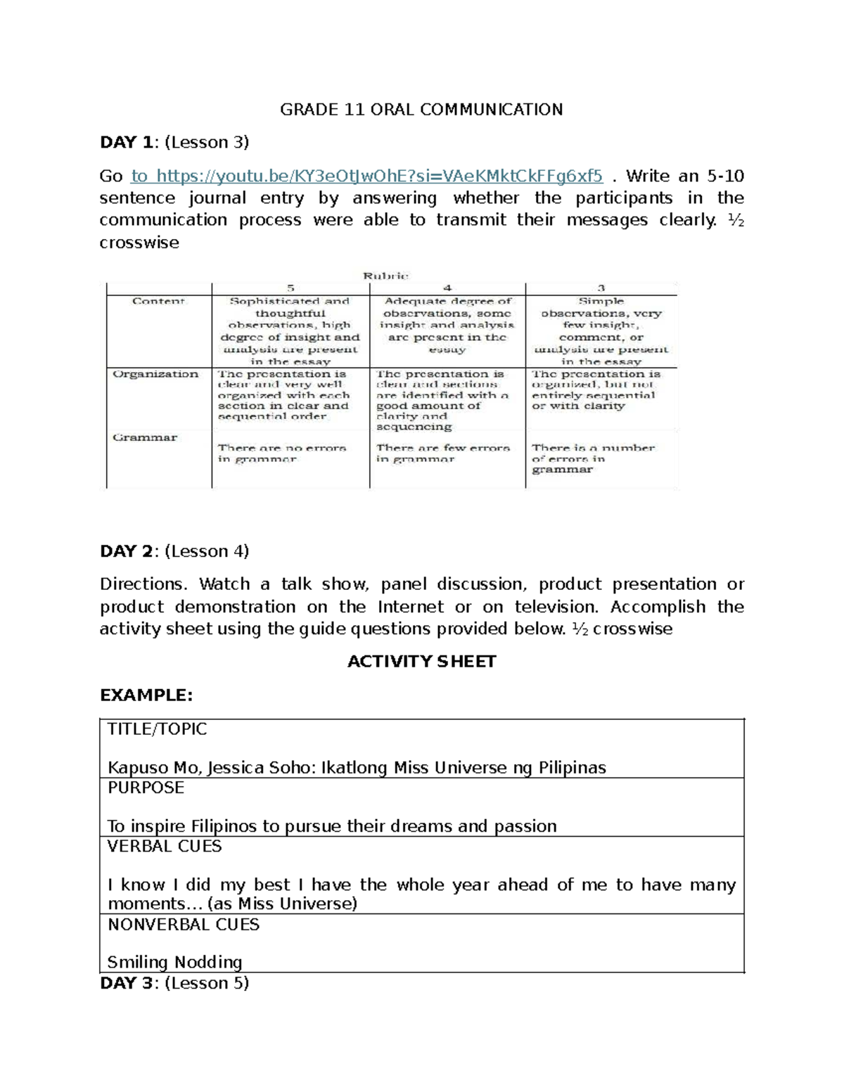 Grade 11 Oral Communication: Week 1 Activities & Reflections - Studocu