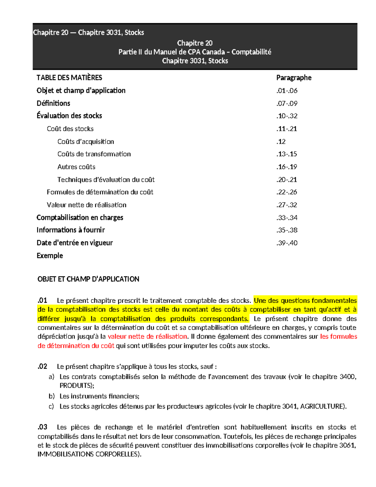Chapitre 3031 - Les Stocks : Manuel de CPA Canada 2025 Annotations ...