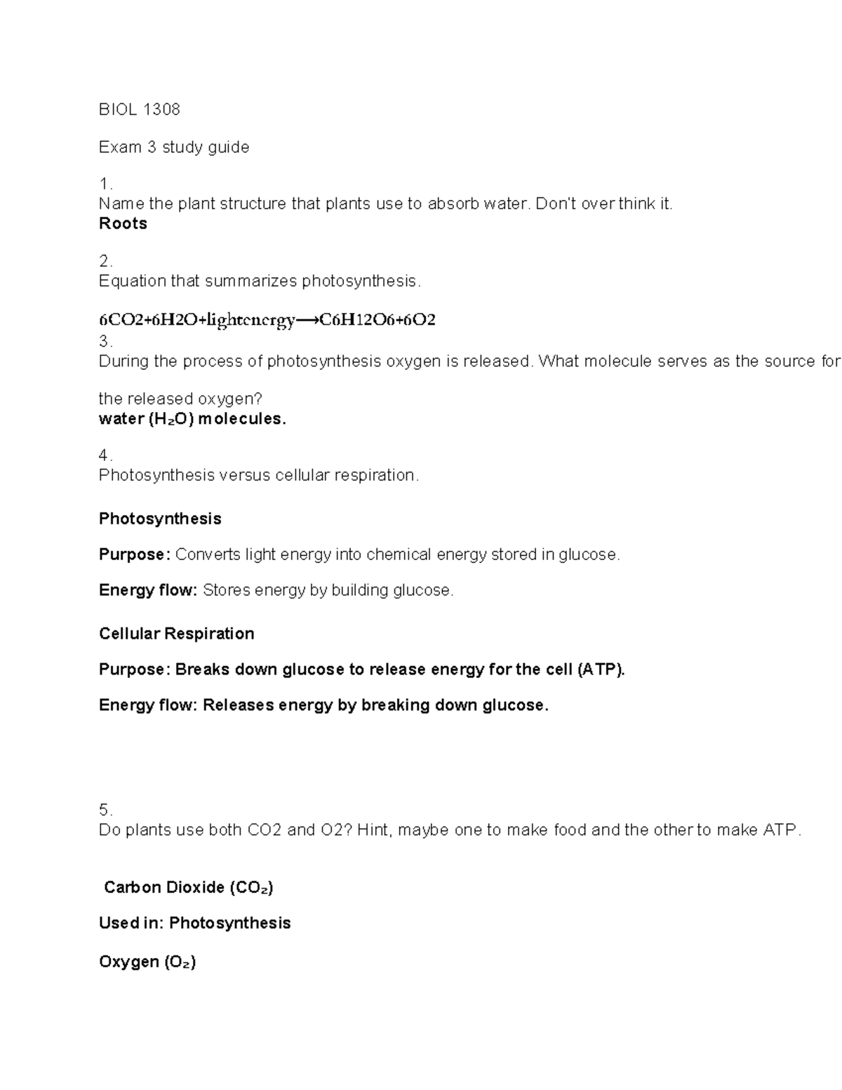BIOL 1308 Exam 3 Study Guide: Photosynthesis & Cell Division Concepts ...