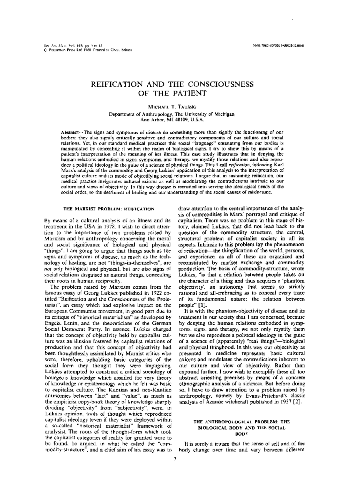 Reification and Patient Consciousness in Modern Clinical Practice ...