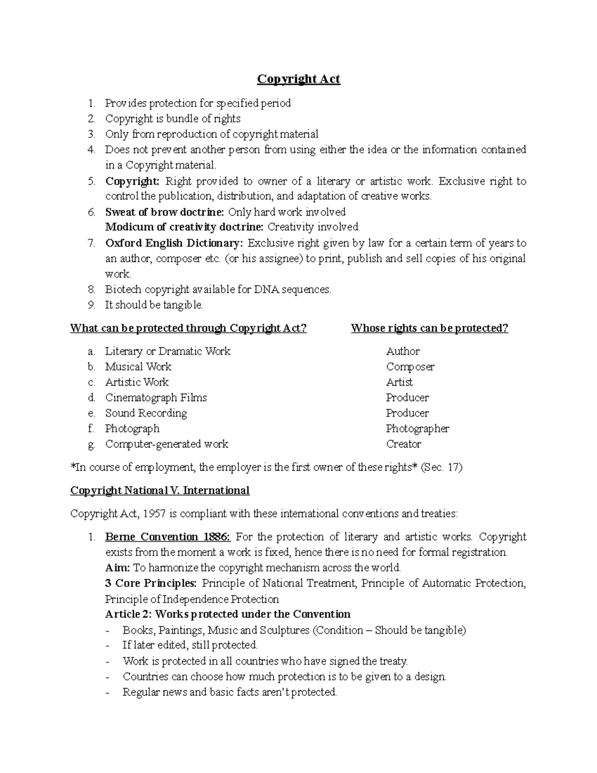 Copyright Notes - Copyright Act Provides protection for specified ...