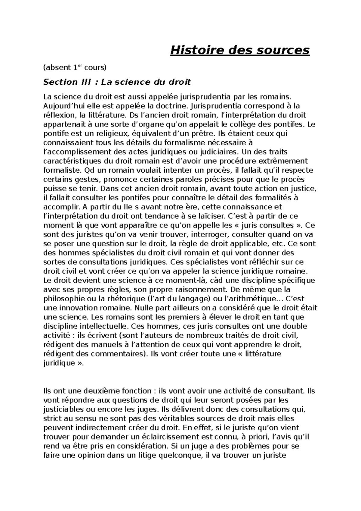 Histoire des Sources du Droit Romain - Cours 1 (Droit) - Studocu