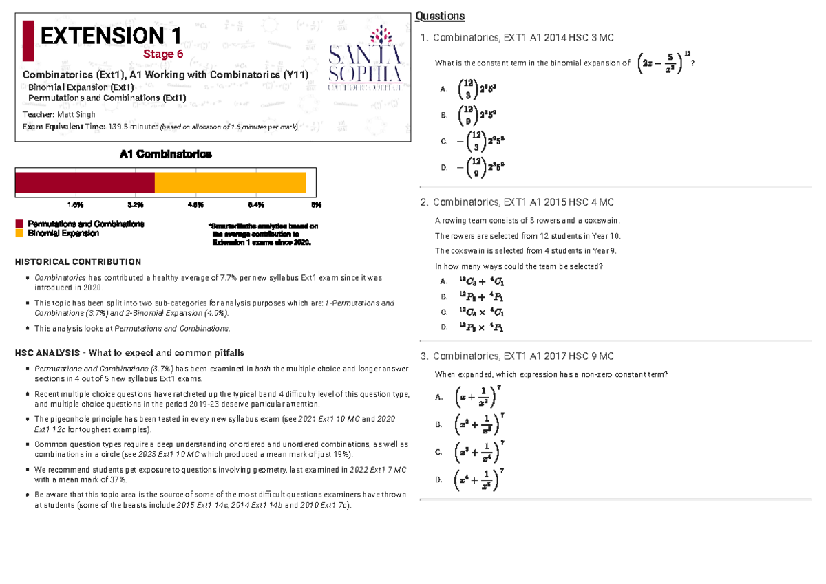 Combinatorics EXT1 A1 HSC Exam Questions and Analysis (2014-2024) - Studocu