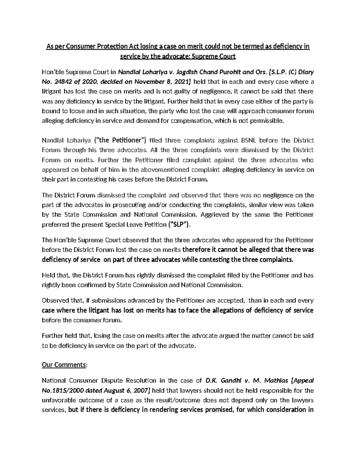 Supreme Court Judgment on Deficiency in Service by Advocates in CPA ...