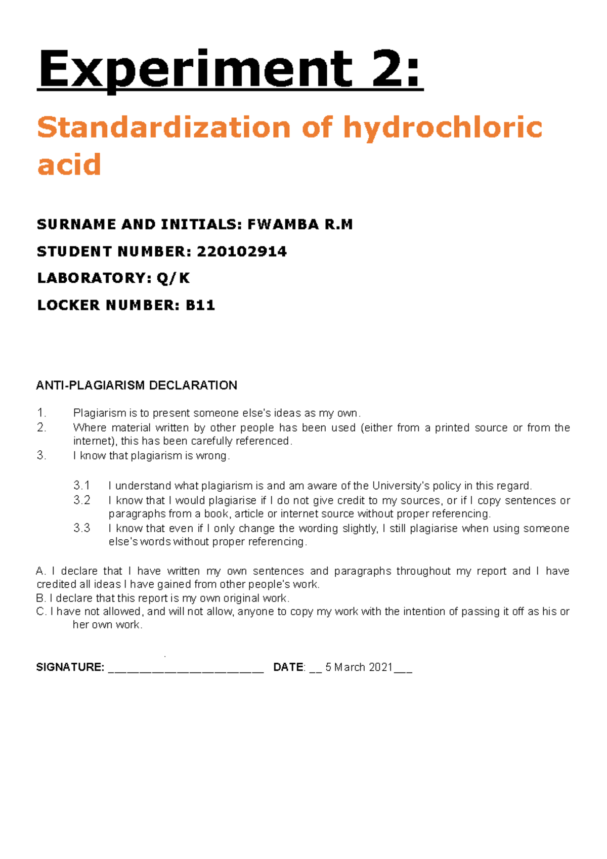 Standardization of HCl Using NaOH: Experiment 2 Lab Report - Studocu