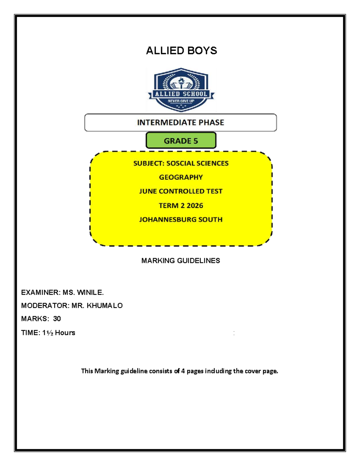 Geography P1 Grade 5 Term 2 Final Exam Marking Guidelines - Studocu