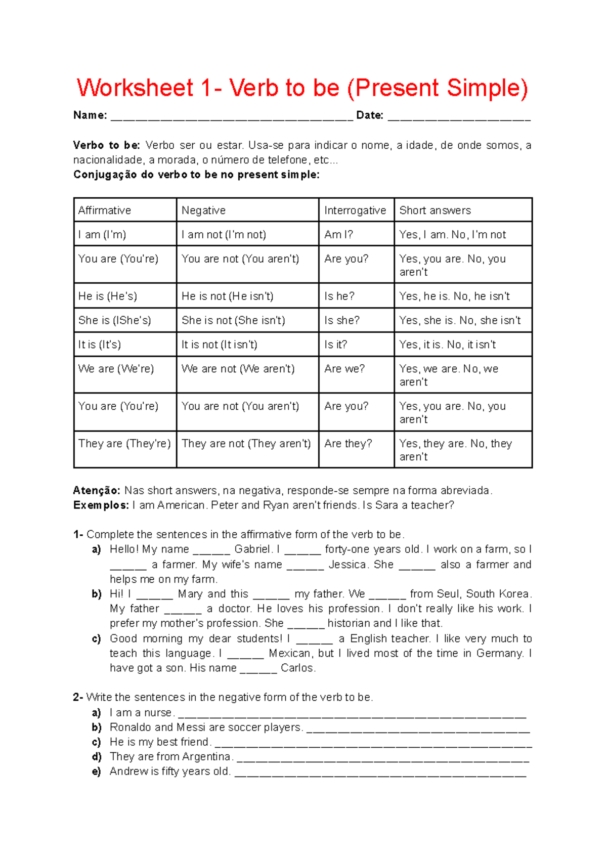 Worksheet 1: Verb to Be (Present Simple) - English Practice - Studocu