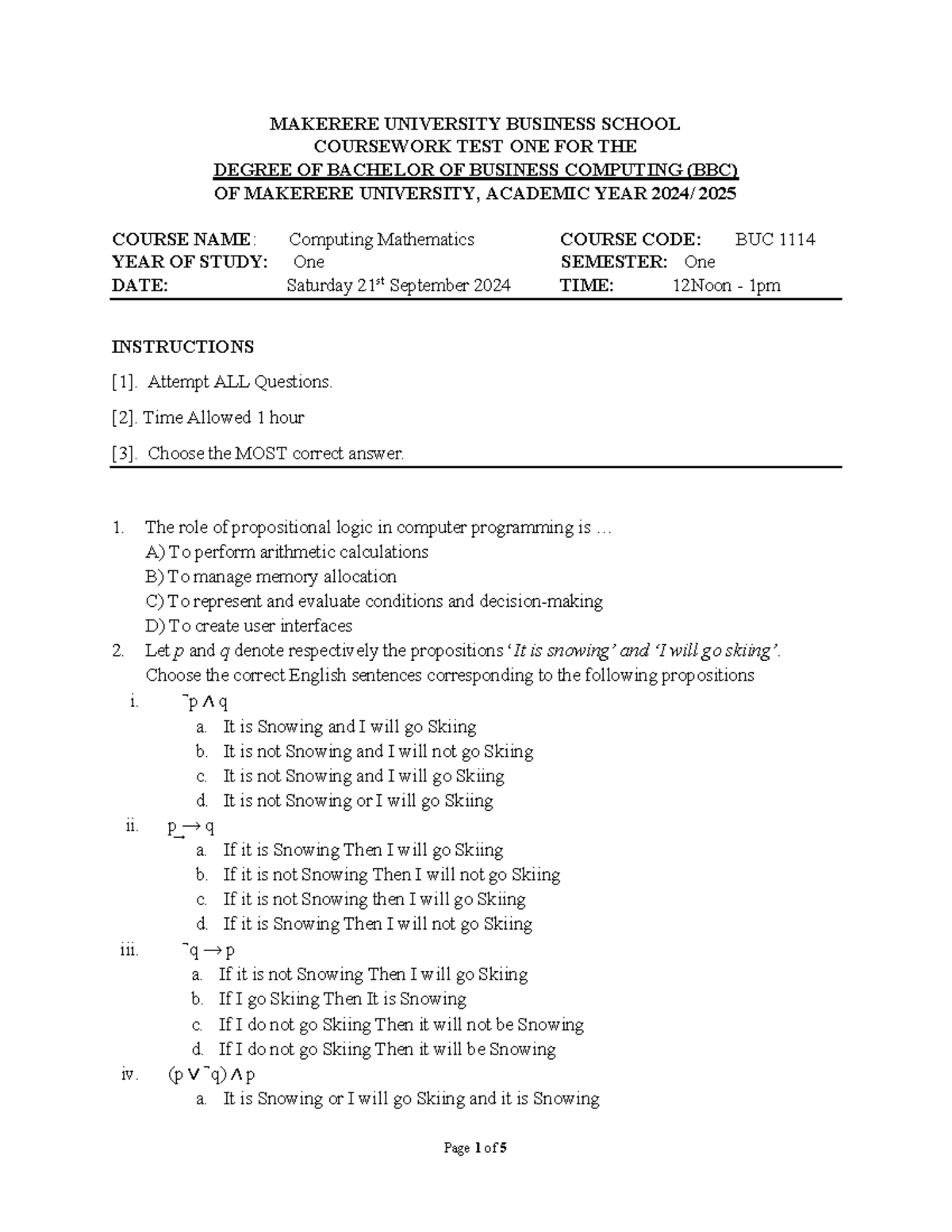 BUC 2024: Computing Mathematics Coursework Test 1 - Studocu