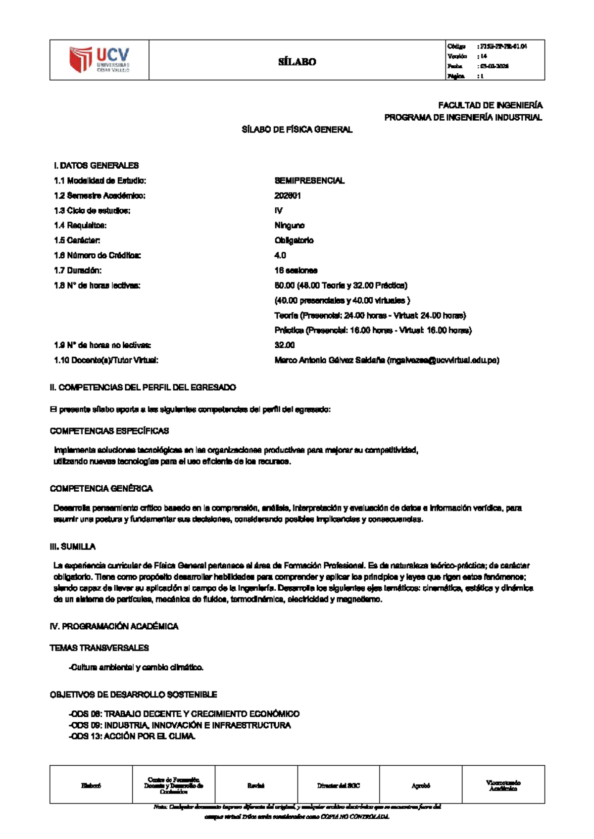 Sílabo de Física General I - UCV 202601 - Document Preview