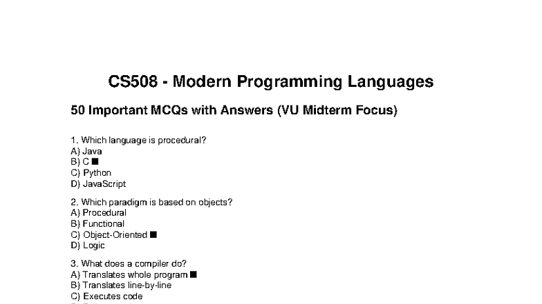 CS508 Midterm MCQs on Modern Programming Languages - Studocu