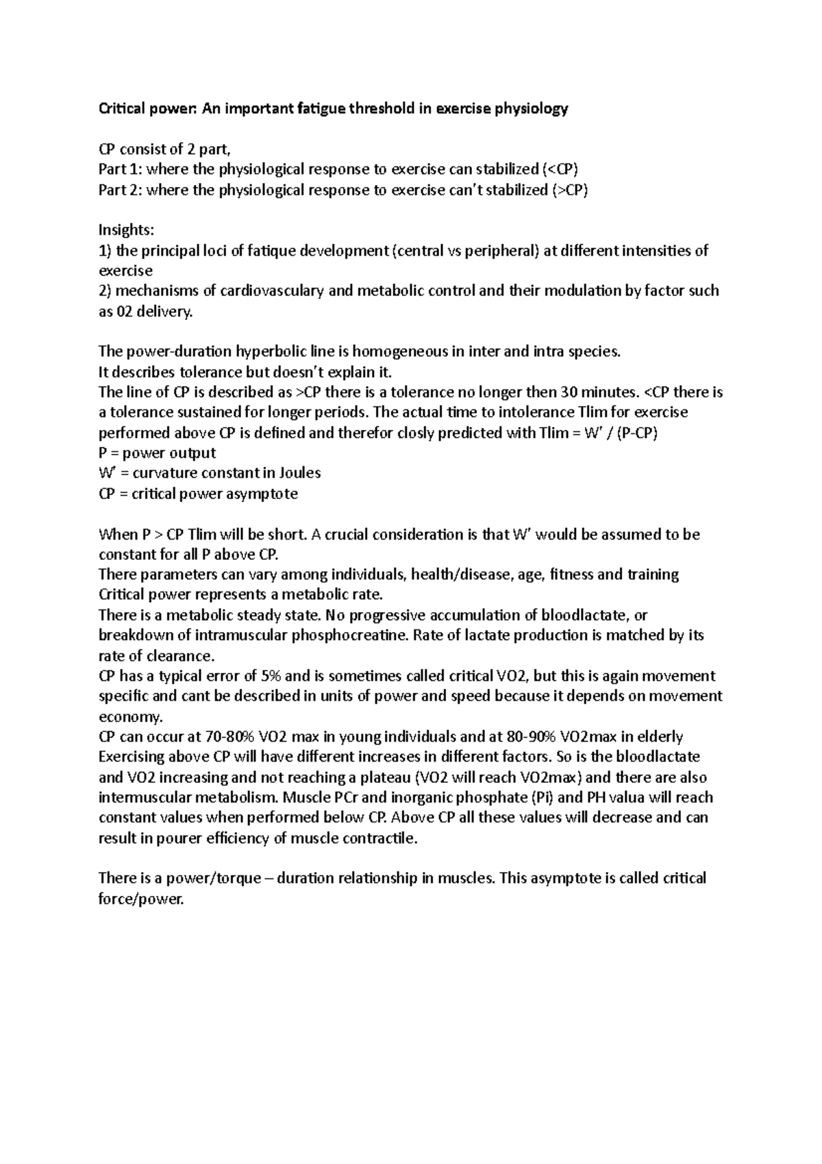Critical Power and Fatigue Threshold in Exercise Physiology - Studeersnel