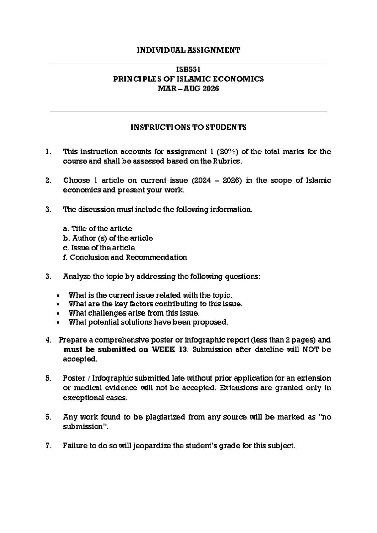 ISB551 Individual Assignment: Islamic Economics Current Issues (2024 ...