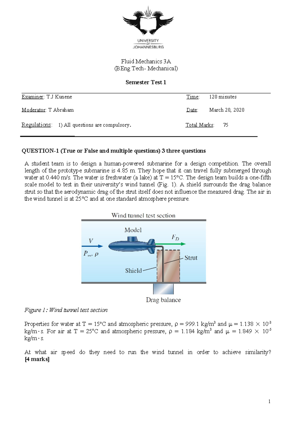 Fluid Mechanics 3A (BEng Mechanical) Semester Test 1 Overview - Studocu