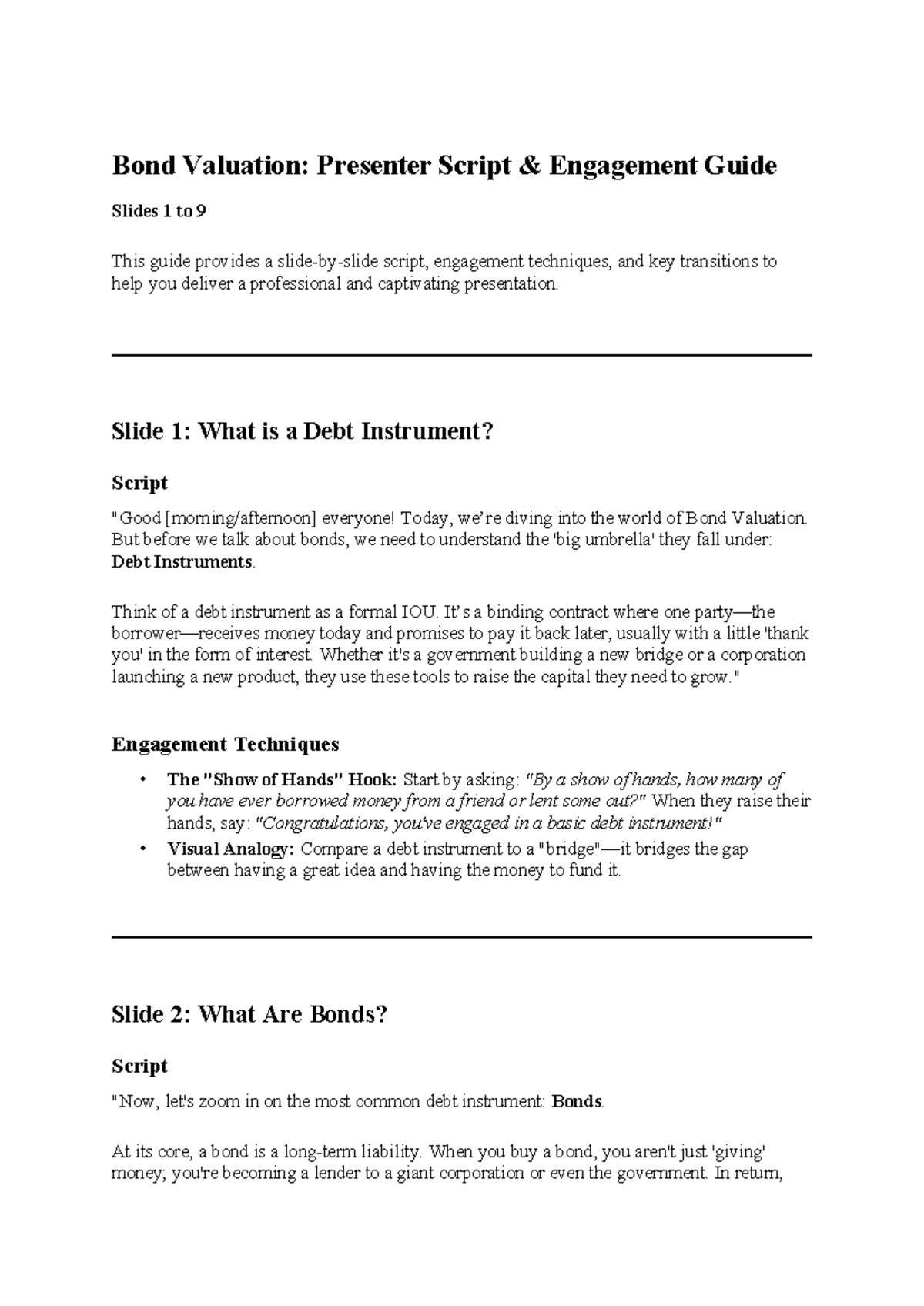 Bond Valuation: Presenter Script & Engagement Guide (Slides 1-9) - Studocu