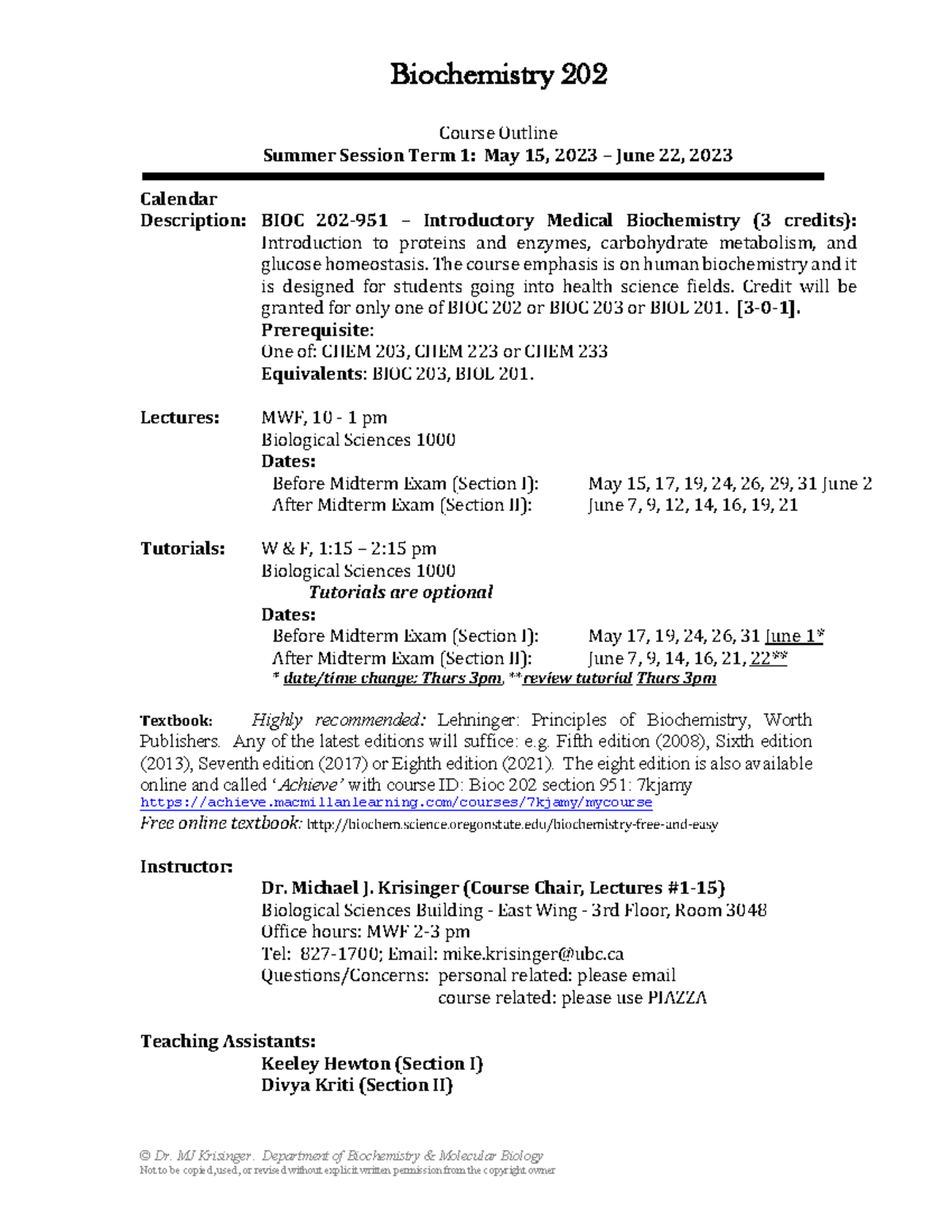 BIOC 202-951 Summer Syllabus 2023: Intro to Medical Biochemistry - Studocu