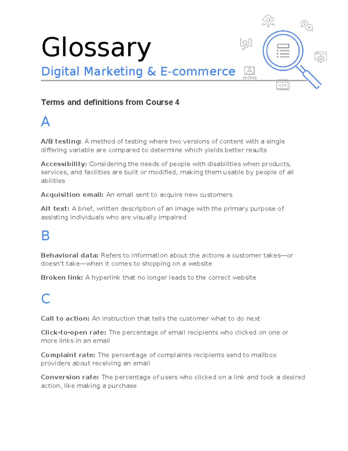 Course 4 - Digital Marketing Glossary: Key Terms and Definitions - Studocu
