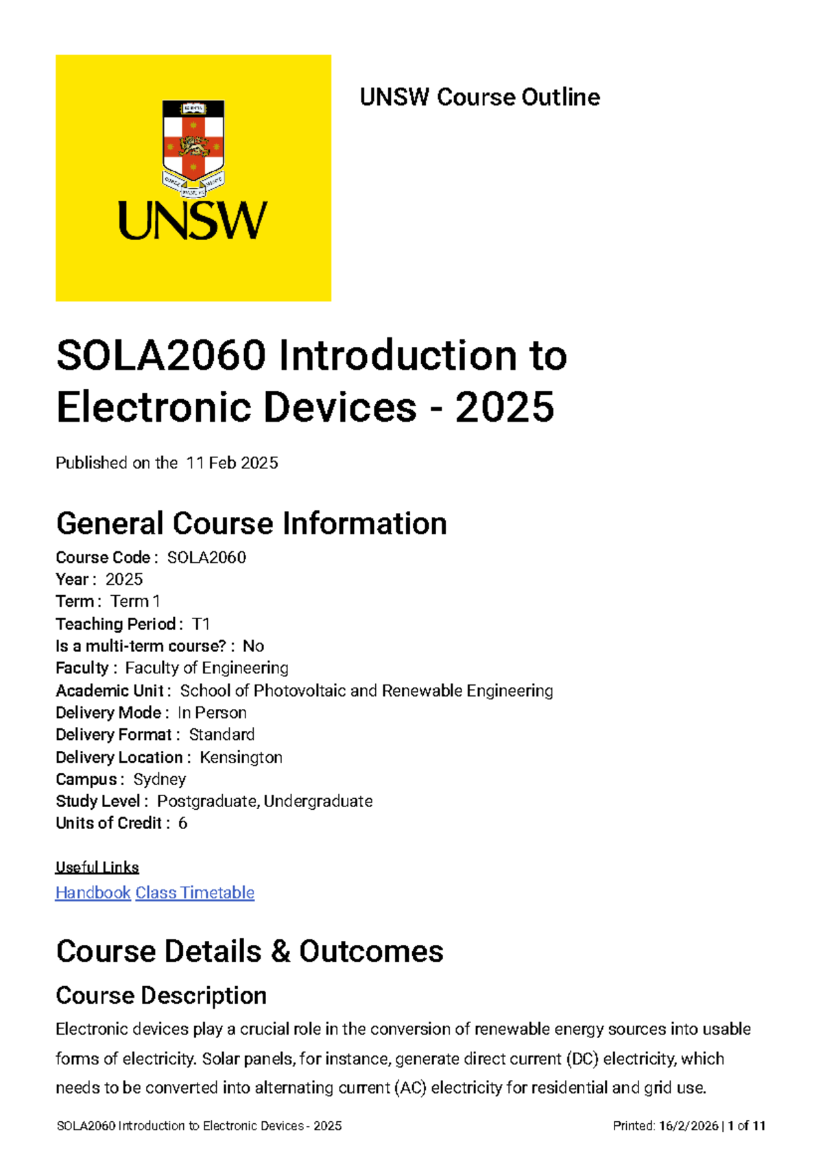 SOLA2060 Introduction to Electronic Devices Course Outline 2025 T1 ...