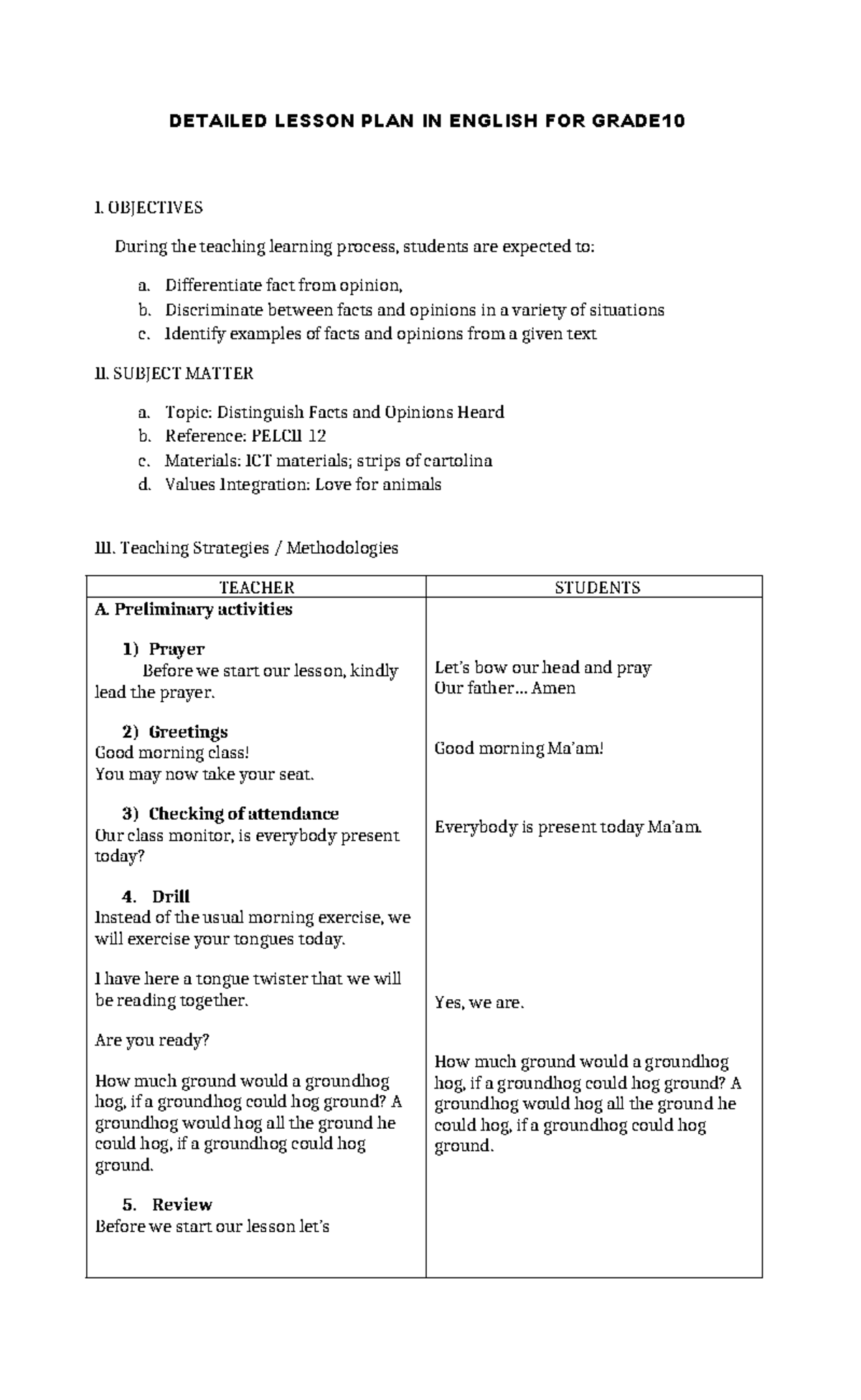 444309895 detailed lesson plan for fact and opinion - DETAILED LESSON ...
