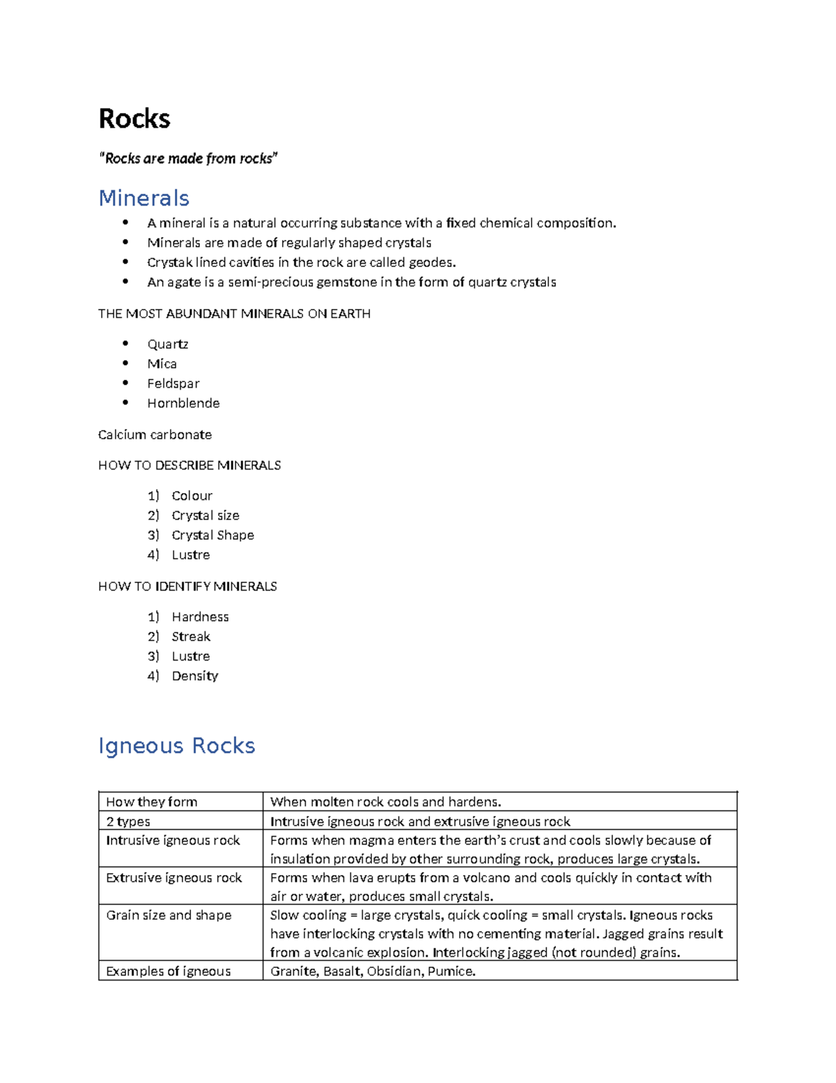 Science Notes - Rocks and Minerals Overview - Studocu