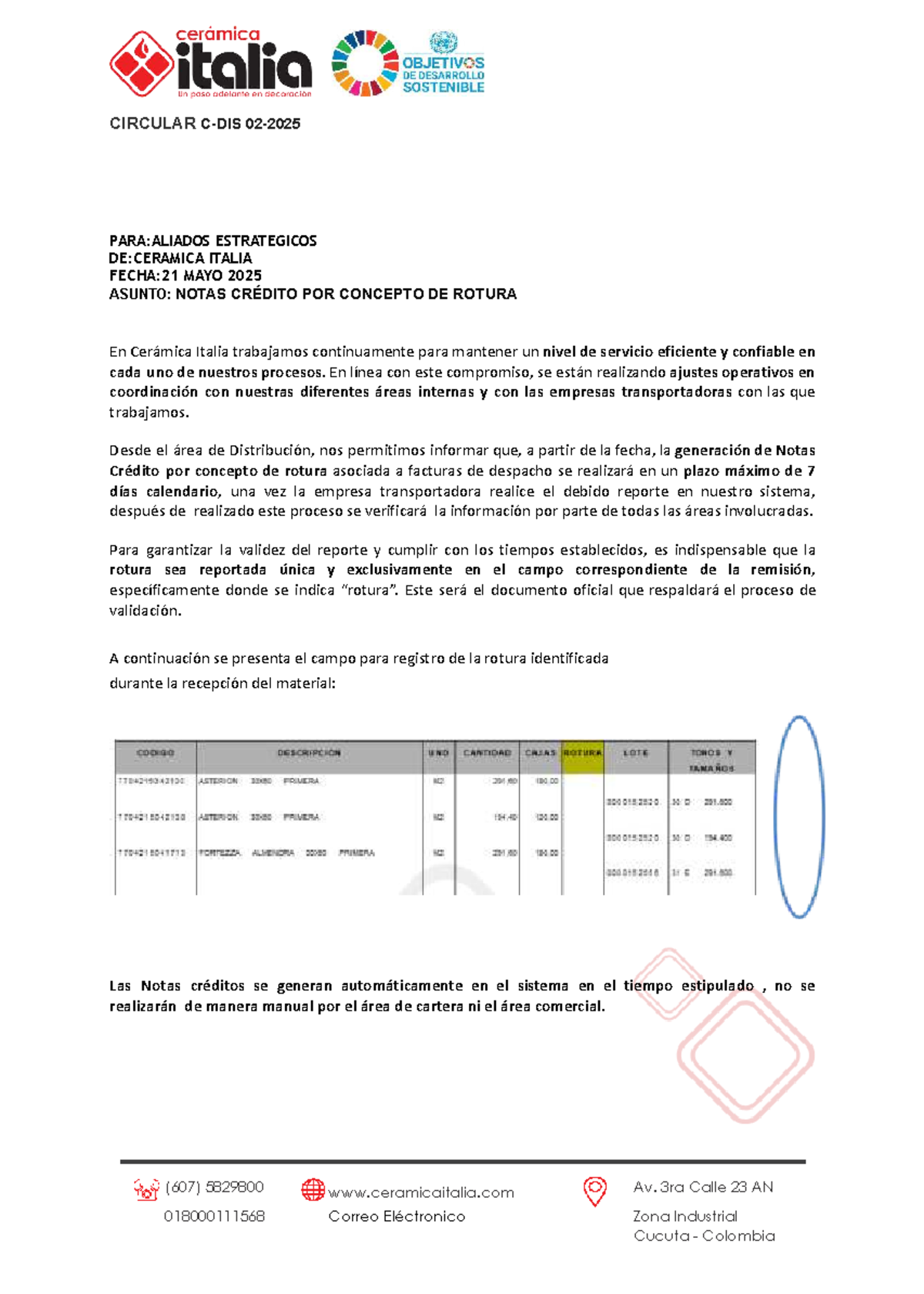 Circular C-DIS 02-2025: Notas Crédito por Rotura en Cerámica Italia ...