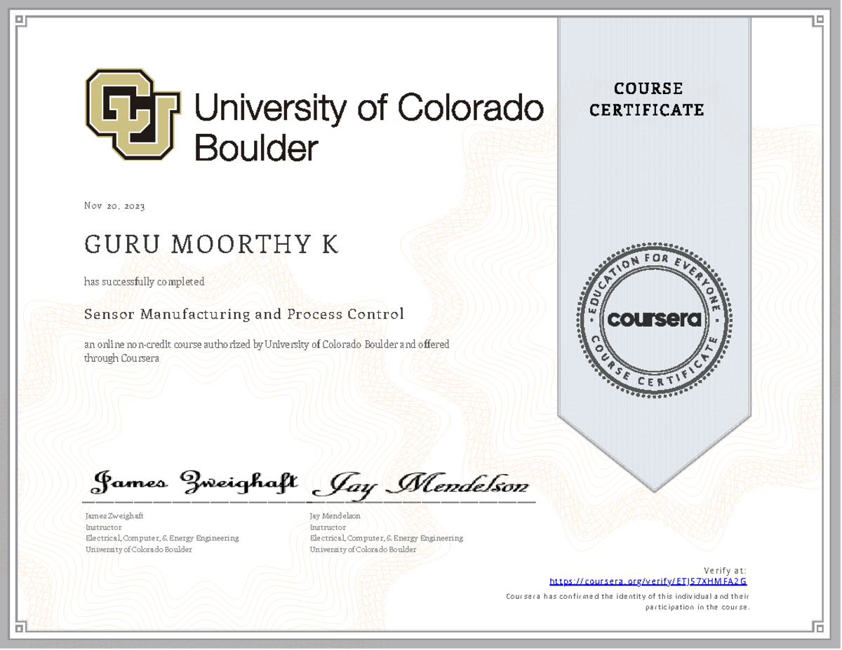 Sensor Manufacturing & Process Control Course Completion Certificate ...