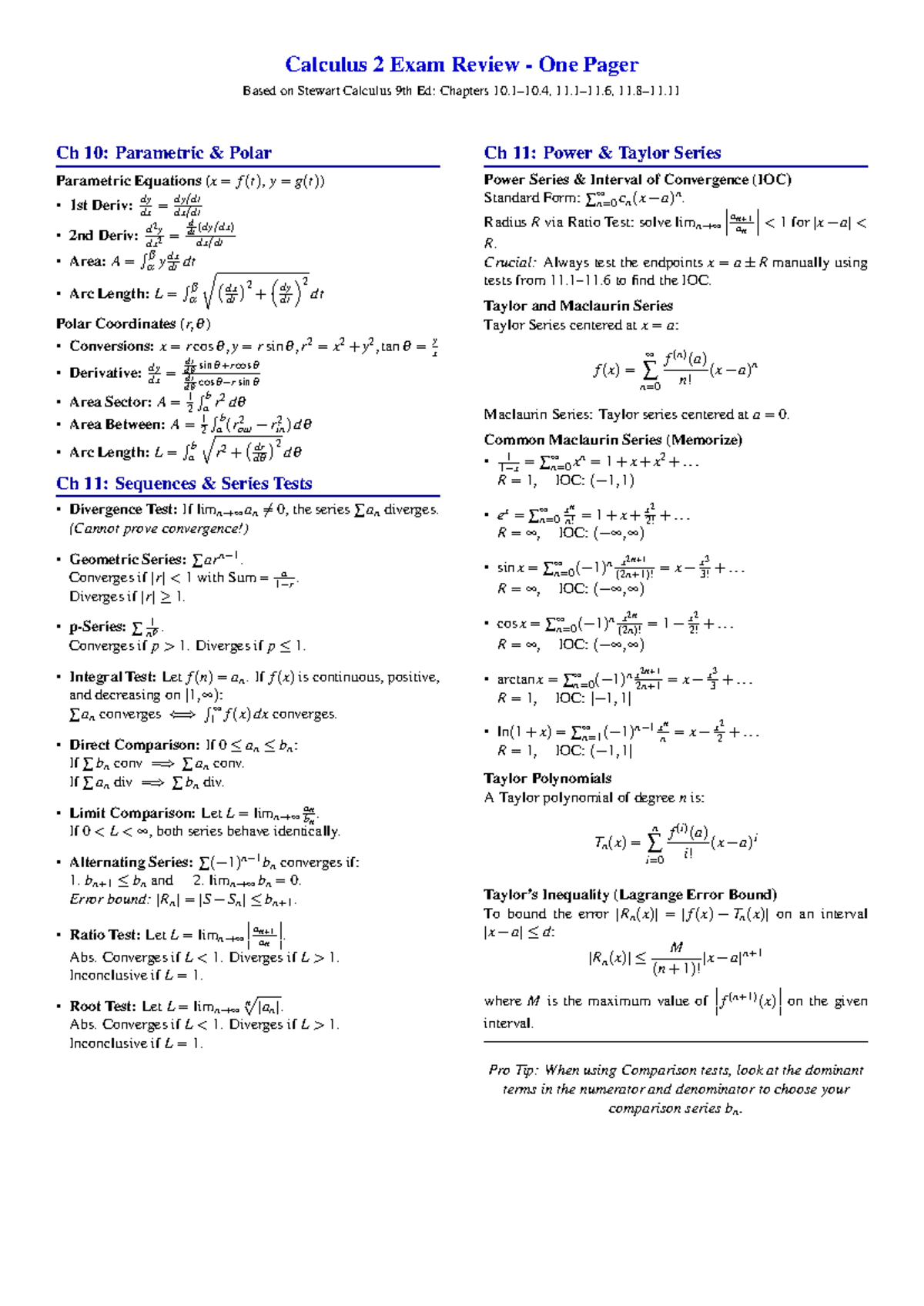 Calculus 2 Exam Review - One Pager - Studocu