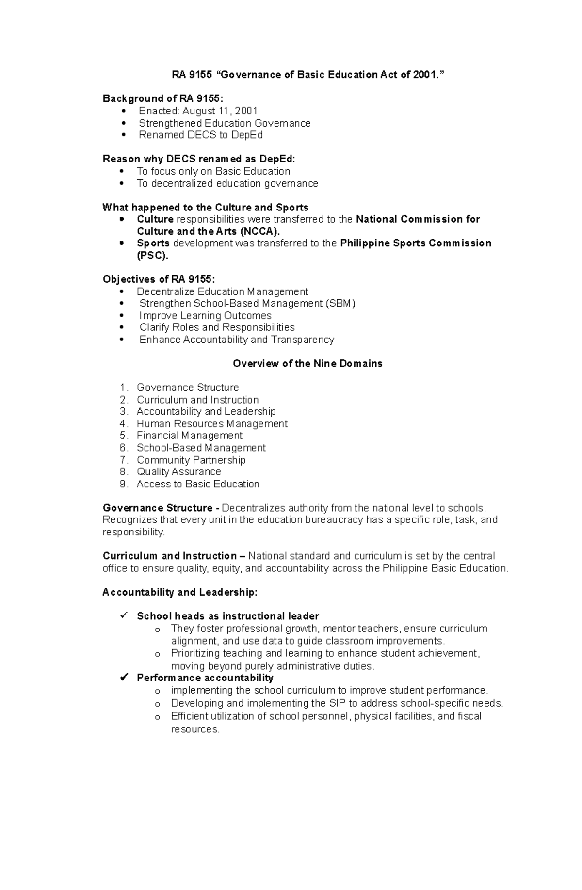 RA 9155: Overview and Objectives of the Basic Education Act - Studocu