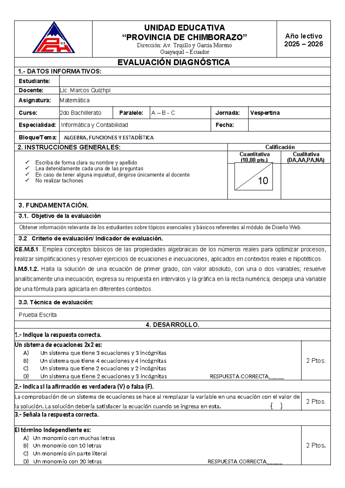 2do Bachillerato Matemática: Evaluación Diagnóstica 2025-2026 - Document Preview