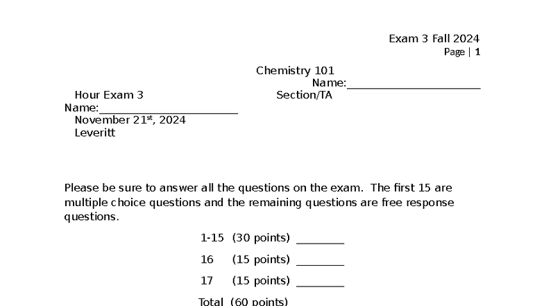 Chemistry 101 Fall 2024 Exam 3 Practice Questions - Studocu