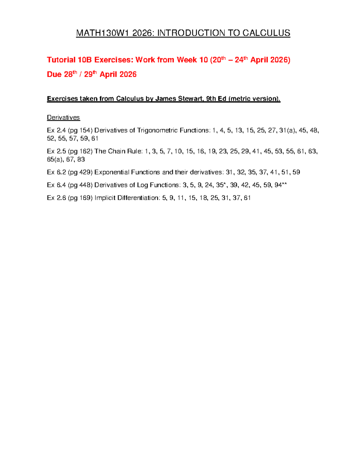 MATH130W1 2026: Calculus Tutorial 10B Exercises Overview - Studocu