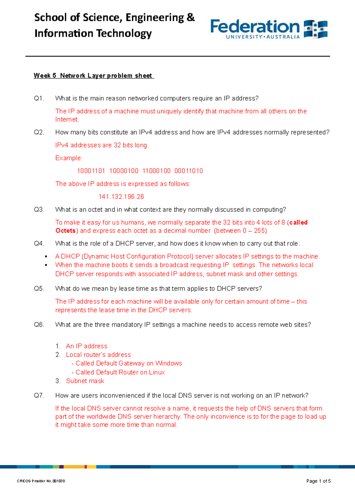 Week 5 - Problem Sheet Solution - Information Technology Week 5 Network ...