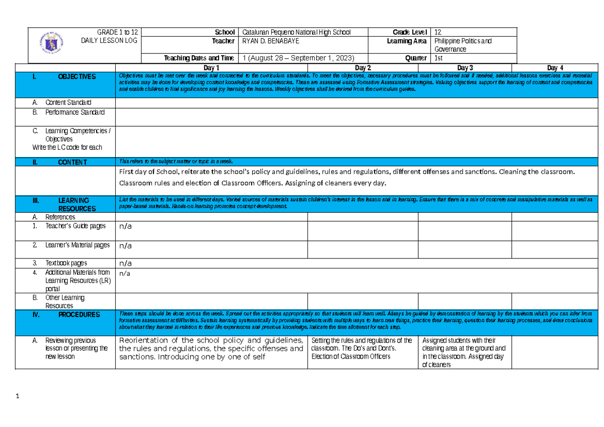 DLL Perdev Week 1: Objectives and Procedures for Grade 12 Personal ...