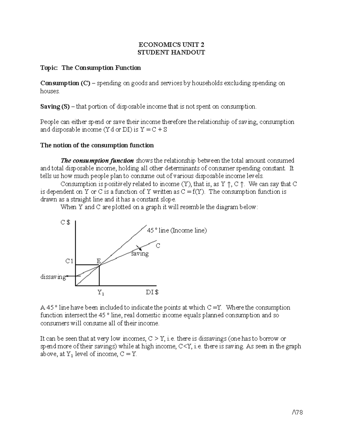 ECON 101: Unit 2 Handout on The Consumption Function - Studocu