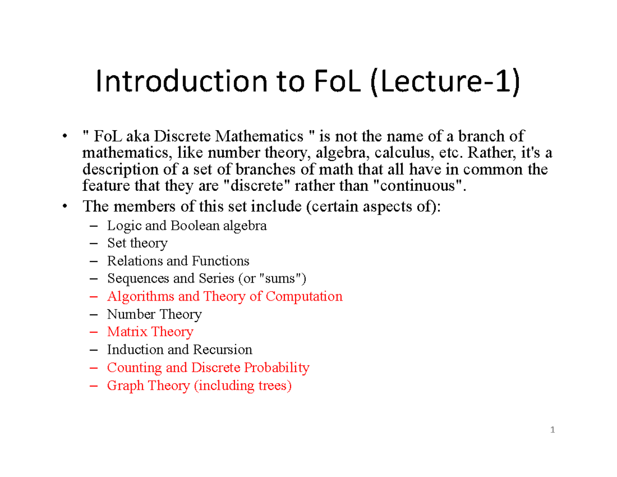 L-1: Introduction to Foundations of Logic in Discrete Math - Studocu