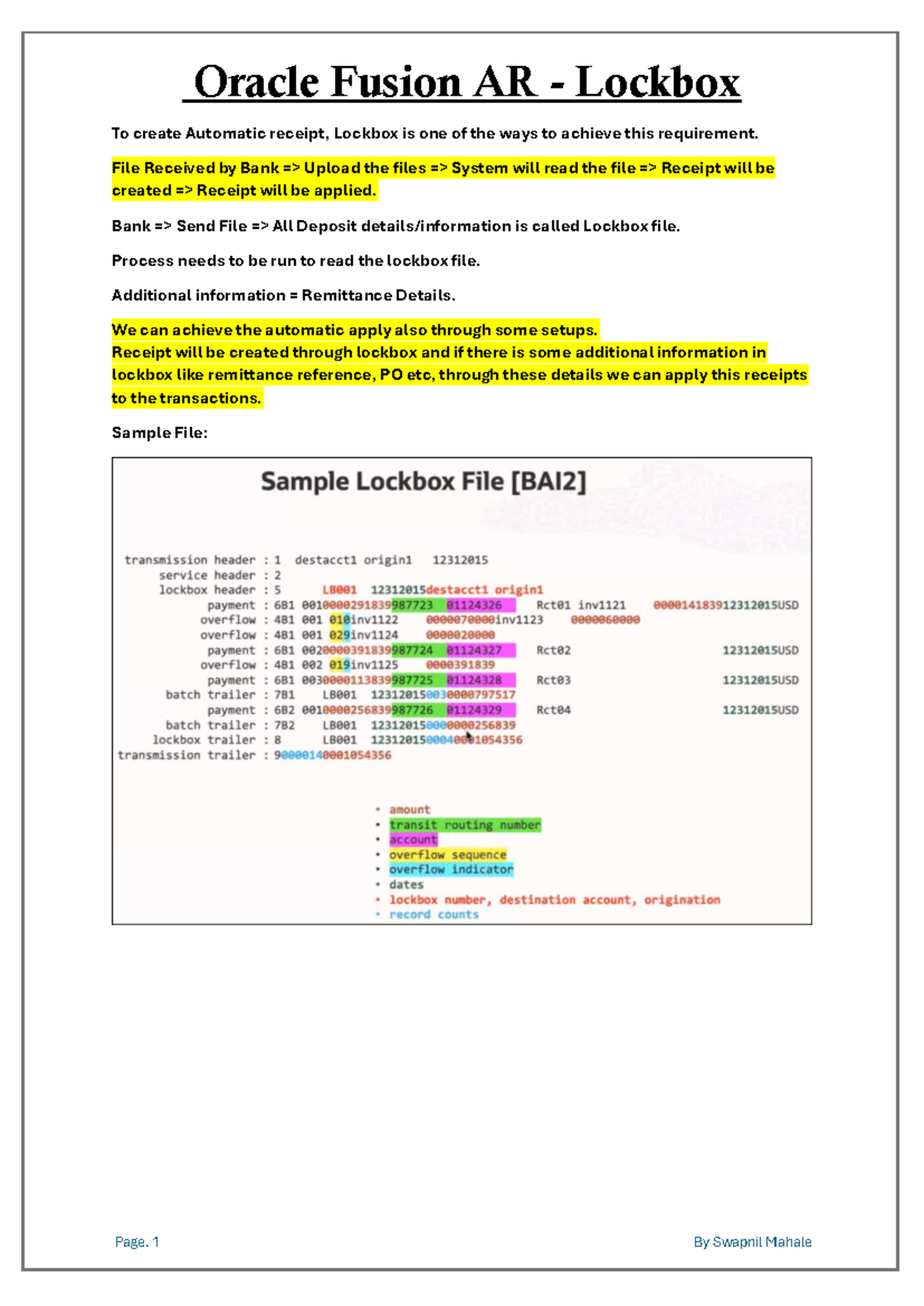 Oracle Fusion AR Lockbox: Automatic Receipt Application Guide - Studocu