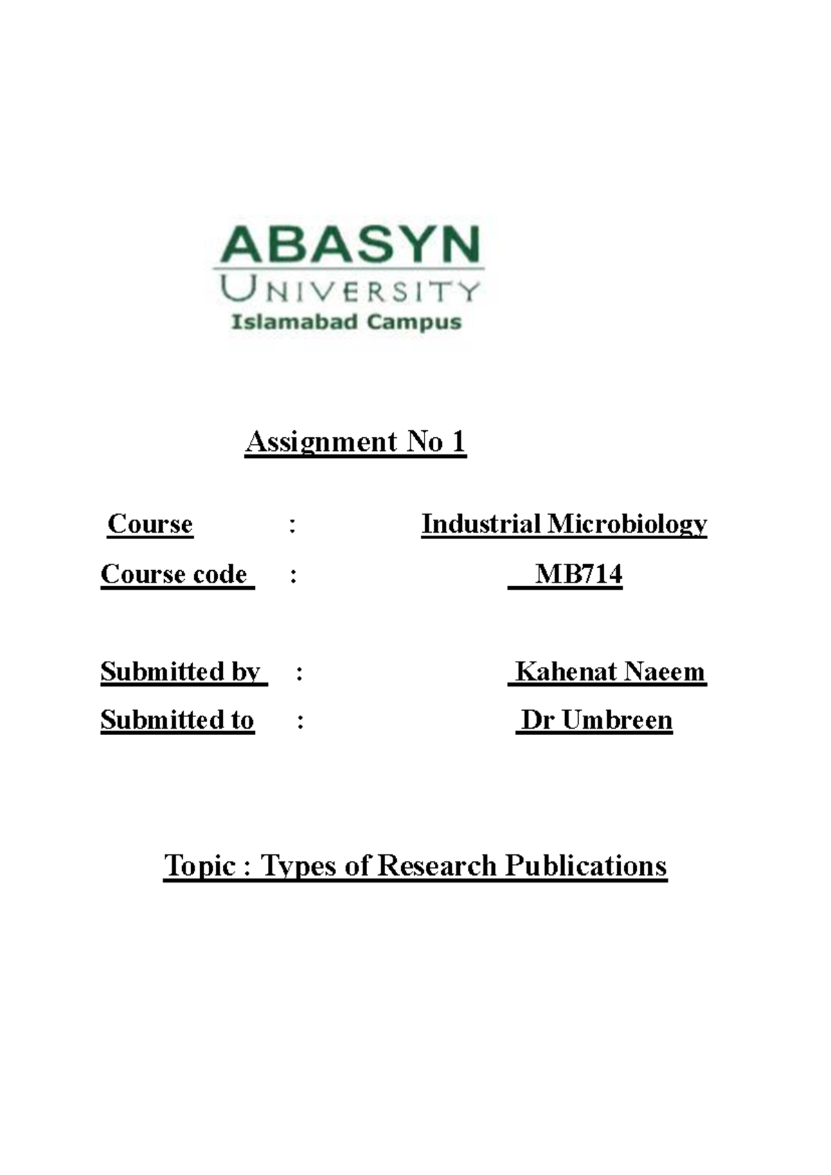 Kahenat Naeem Industrial Microbiology assignment No 1 - Assignment No 1 ...