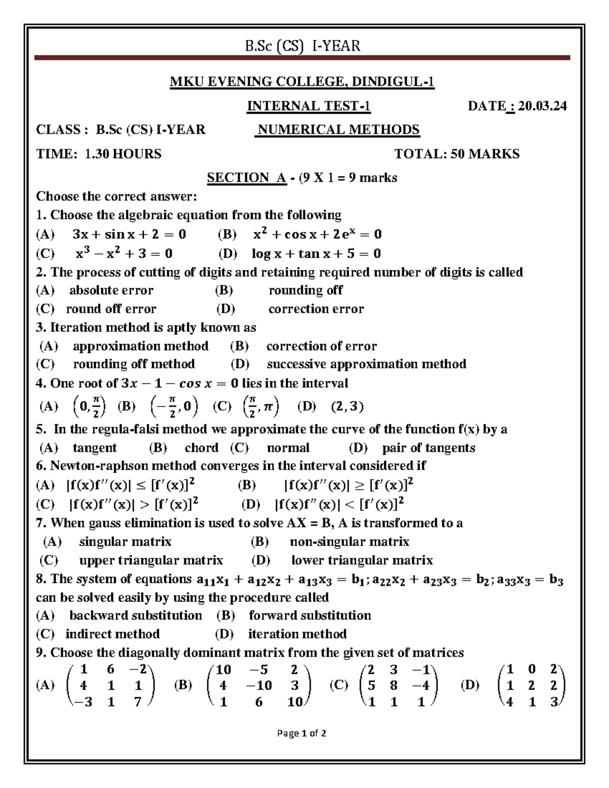 Numerical Methods Exam - B.Sc (CS) - 20.03.24 - 1st Year - Studocu