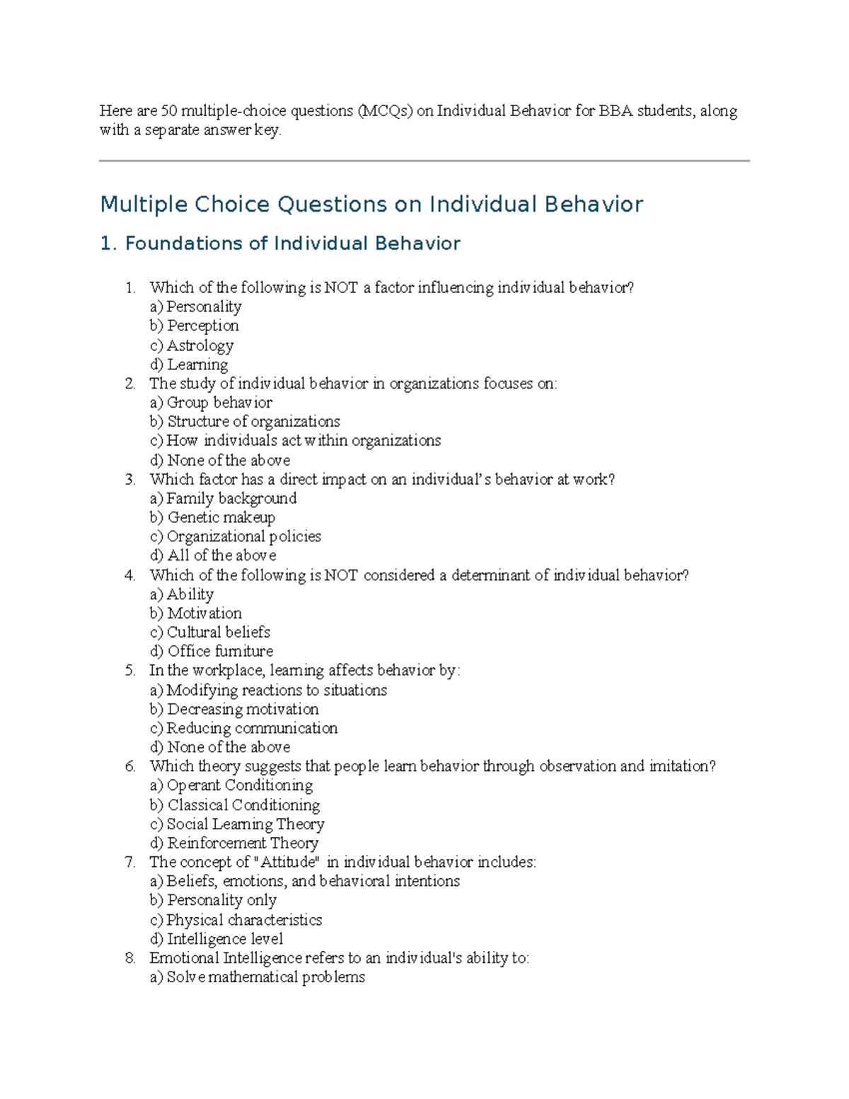 BBA 2nd Sem Individual Behavior MCQs & Answer Key Overview - Studocu