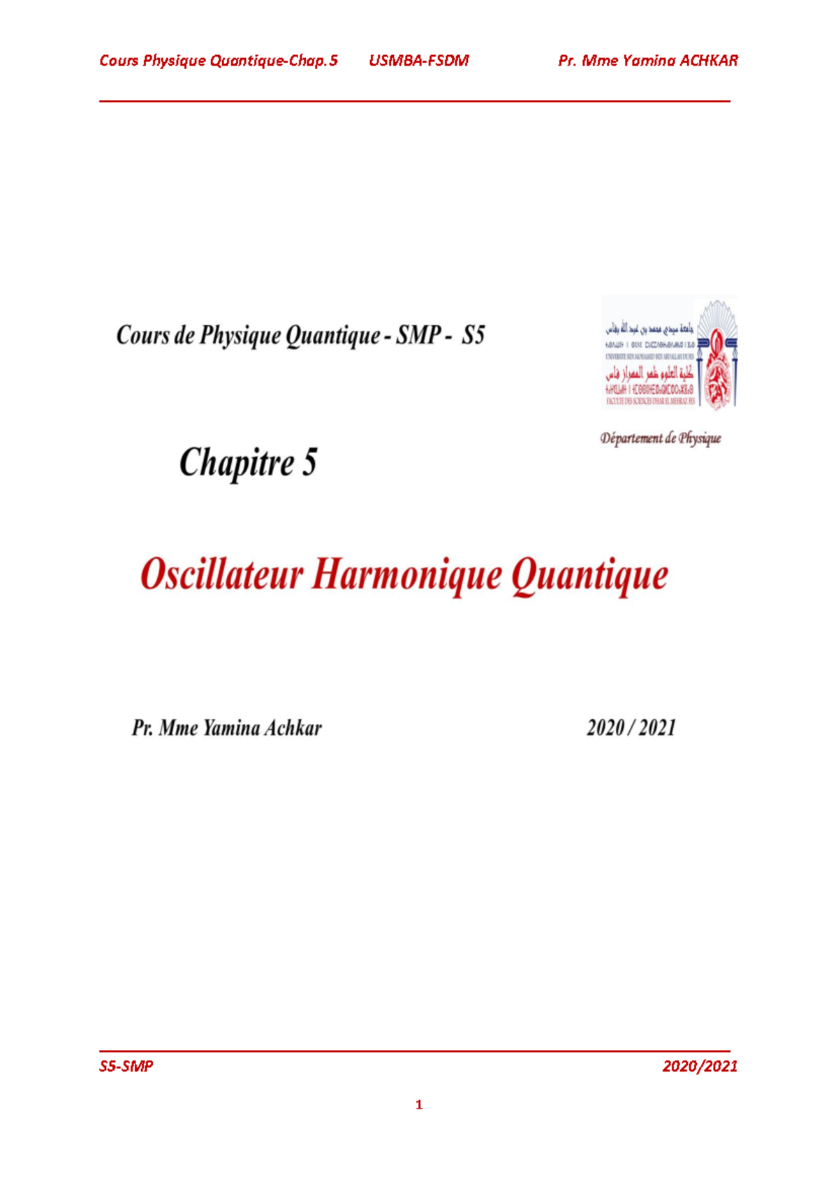 Cours de Physique Quantique S5-SMP Chapitre 5 - Notes Résumées - Studocu