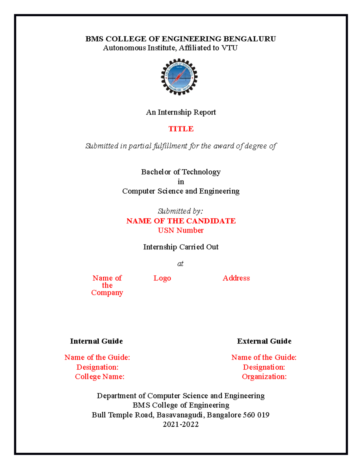 8th Sem Internship Report Format - B.Tech CSE - BMSCE - Studocu