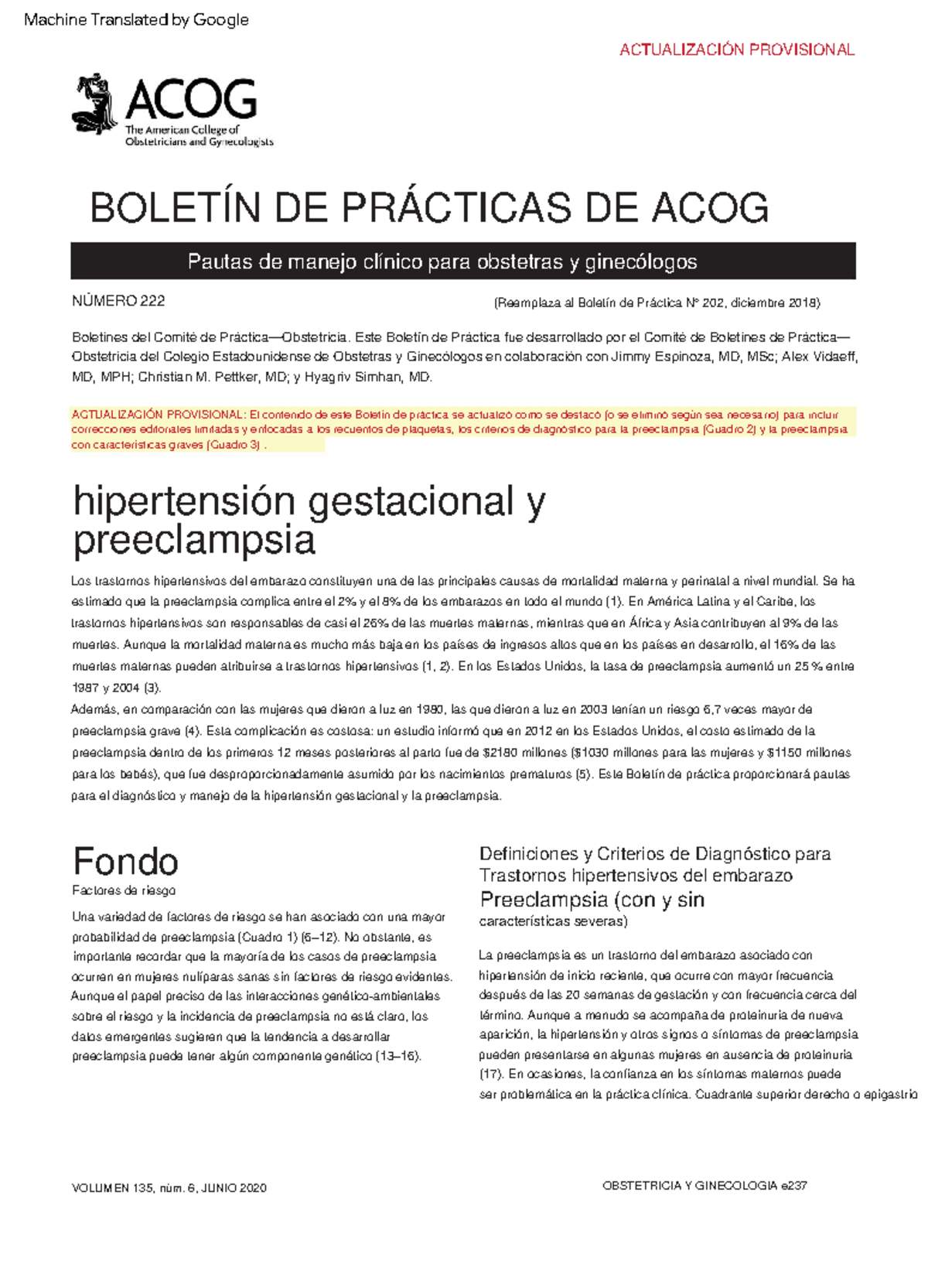 ACOG - Boletín de Práctica sobre Hipertensión Gestacional y ...
