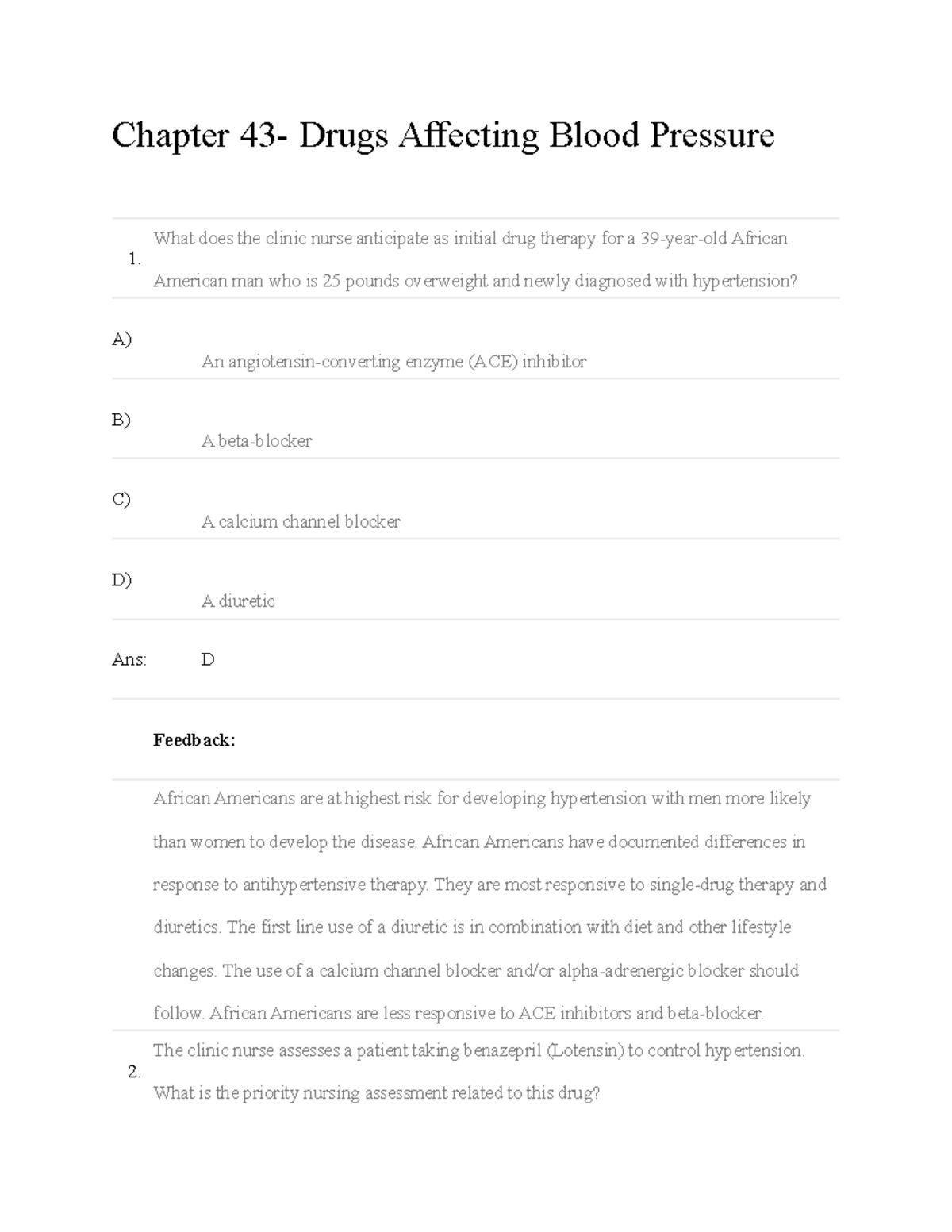 Ch43 - Nursing Pharmacology 6e: Test Bank on Blood Pressure Drugs - Document Preview