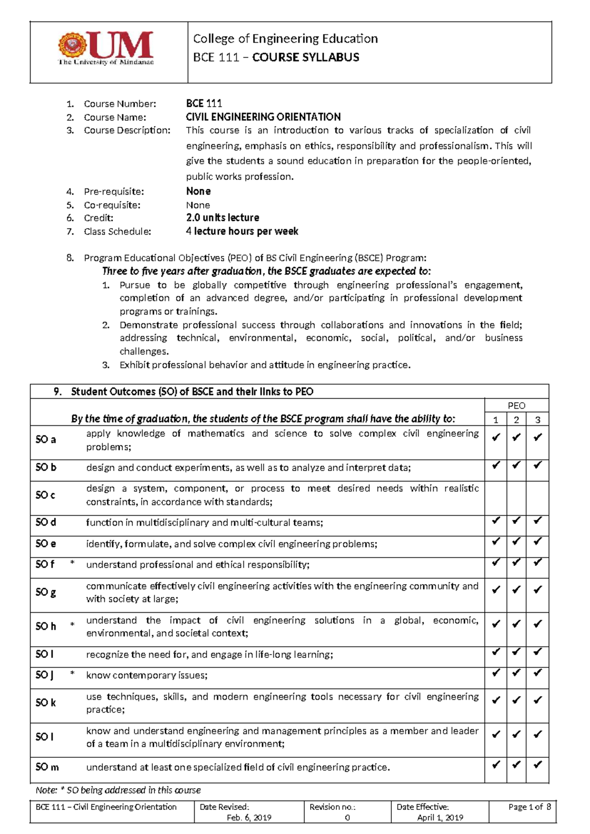 BCE 111 Civil Engineering Orientation Course Syllabus and Notes - Studocu