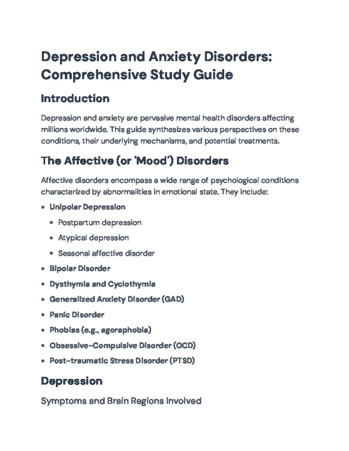 Comprehensive Study Guide: Depression & Anxiety Disorders (Psych 101 ...