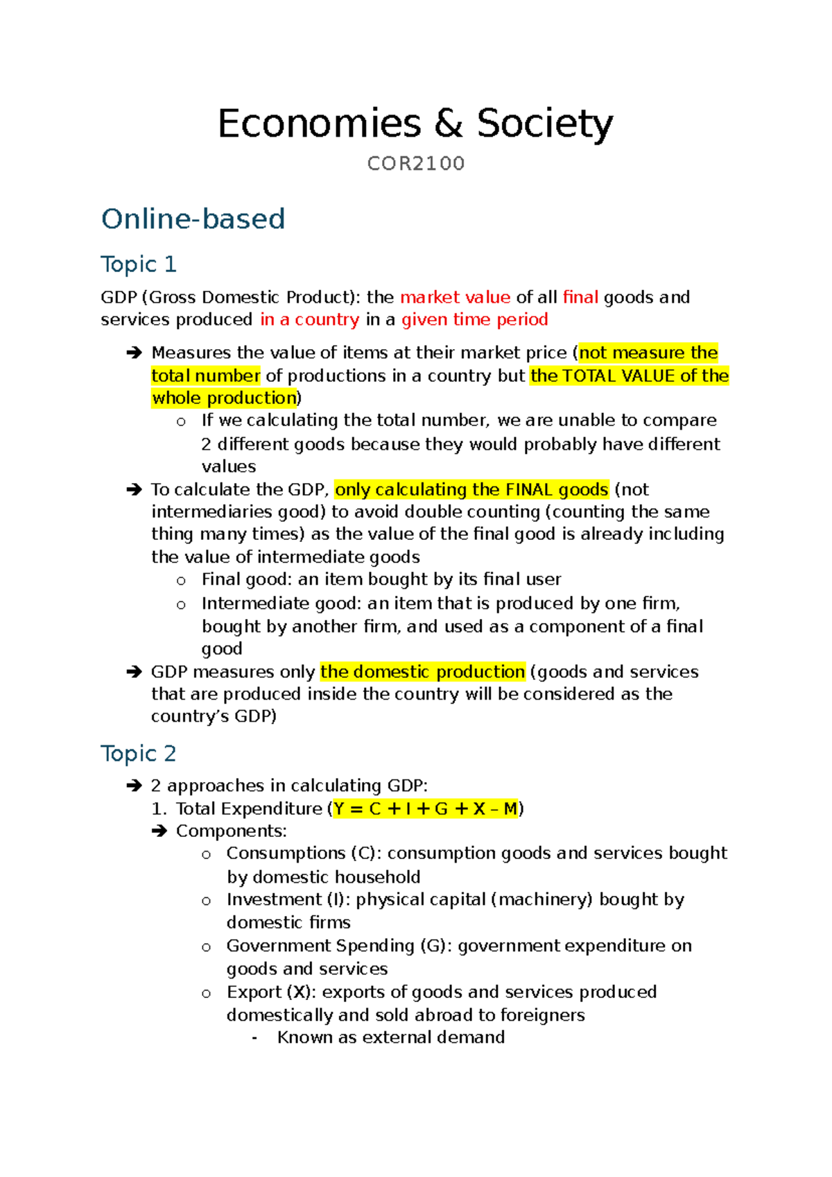 COR2100 Lecture 3 Notes: Understanding GDP and Unemployment - Studocu