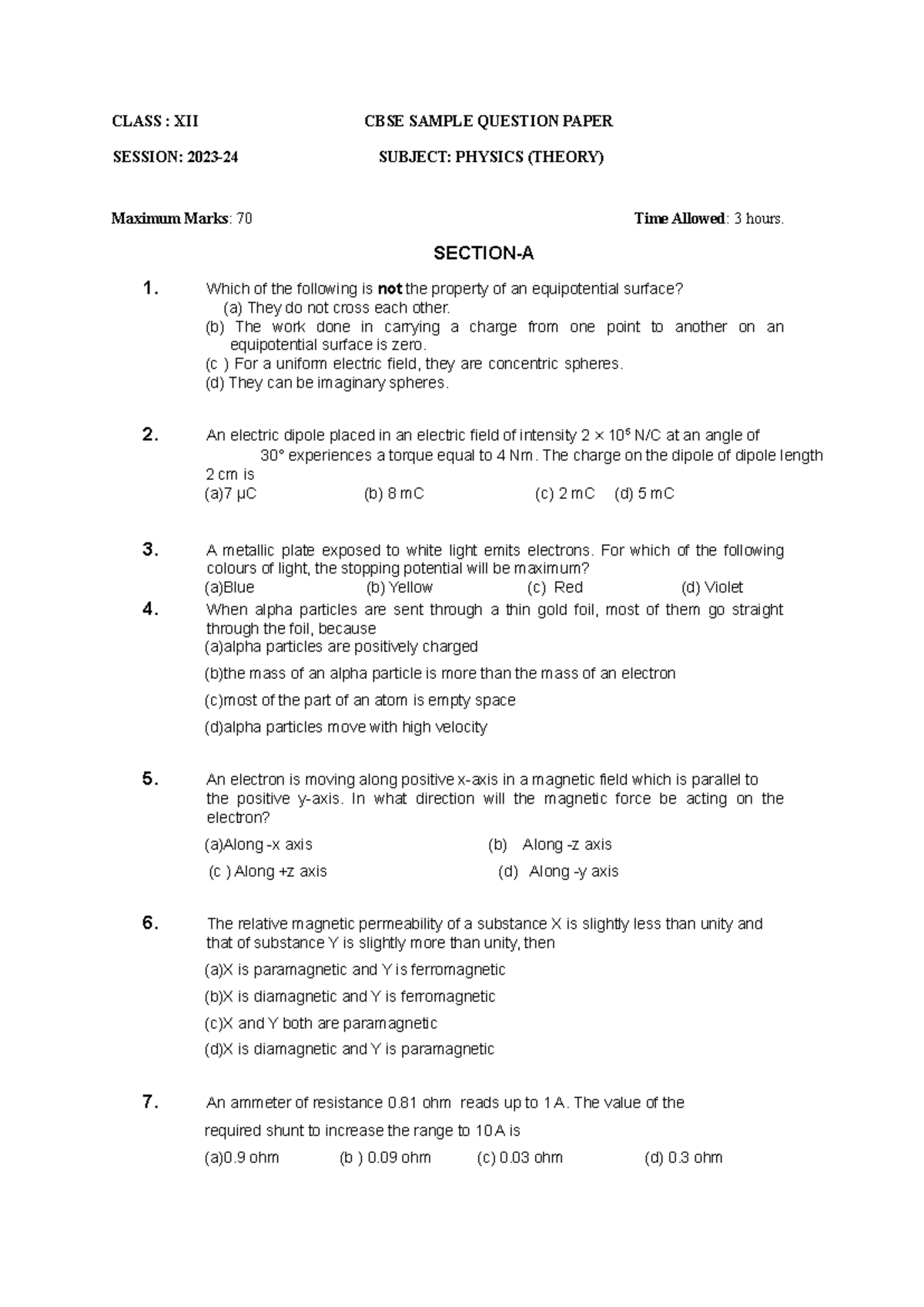 Physics Sample Paper - notes - CLASS : XII CBSE SAMPLE QUESTION PAPER ...