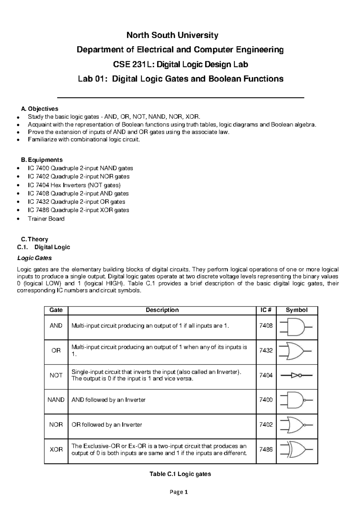 Lab 01 Digital Logic Gates and Boolean Functions - North South ...