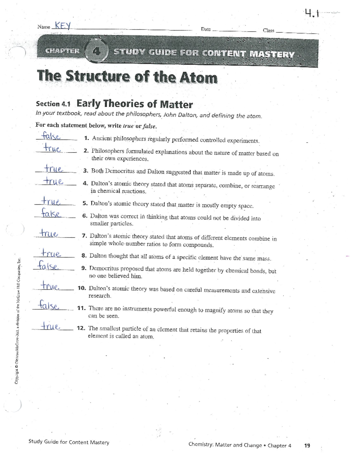 Chemistry-Chapter 4 Study Guide-Key - Copyright a division of the ...
