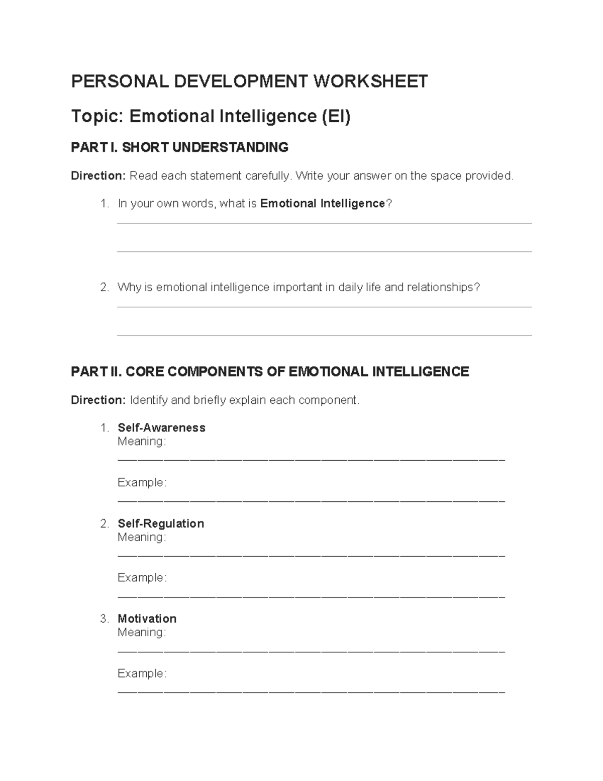 Personal Development Worksheet: Emotional Intelligence Insights - Studocu